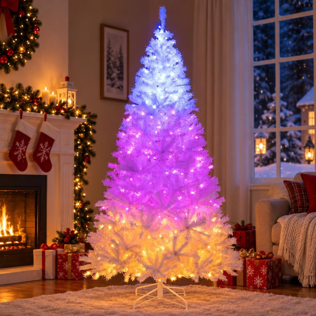 Airfind Pre Lit Artificial Christmas Tree, 7 Ft Hinged Holiday Tree featuring 11 Lighting Modes and Metal Stand for Seasonal Display, White