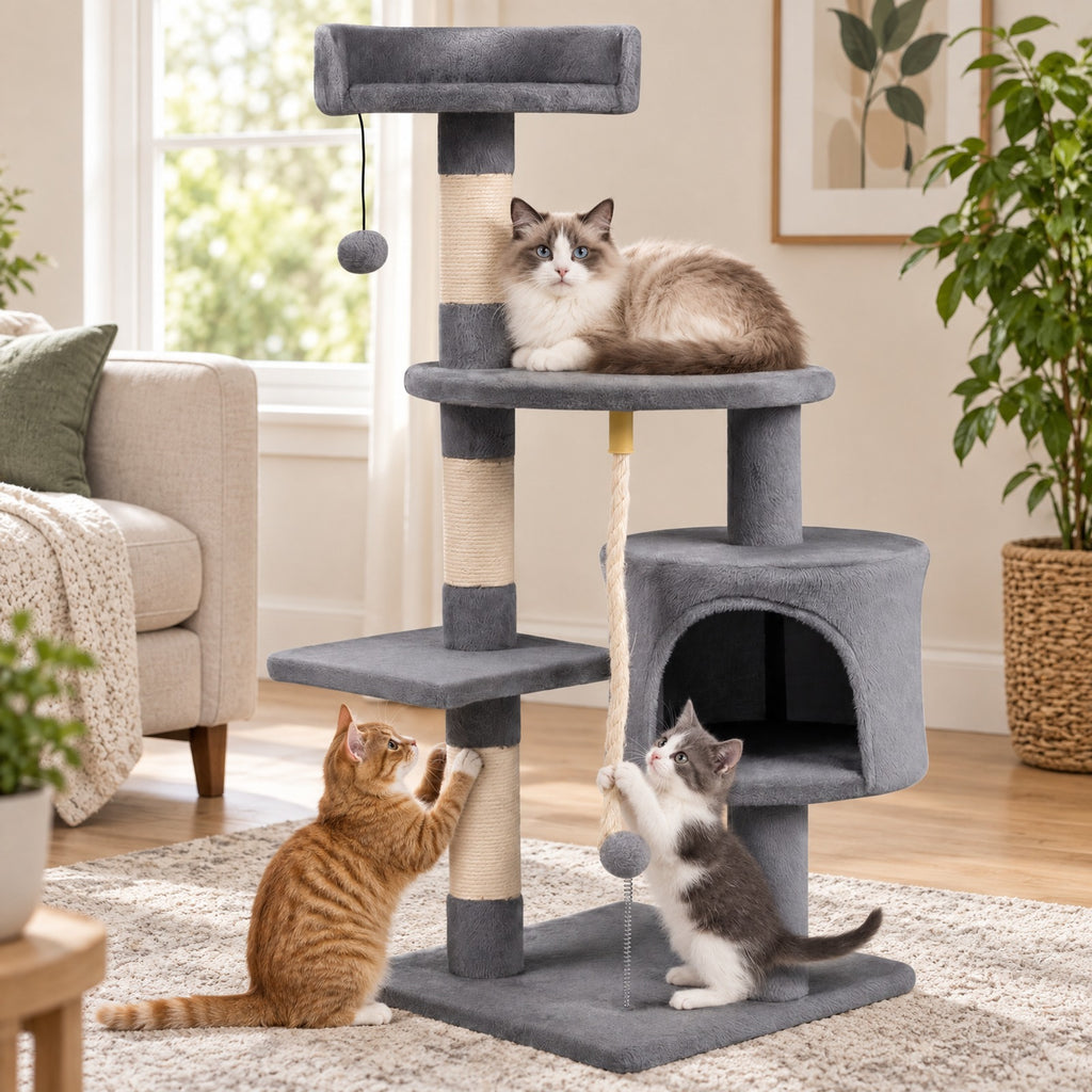 Airfind 36 Inch Tall Kitten Tower with Condo and Plush Perch, 22 lbs Capacity, Engineered Wood Sponge Plush Fabric Sisal Base Frame, Light Gray