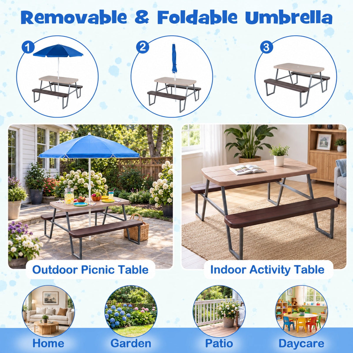 Airfind Kids Picnic Table with Benches Seats up to 4, 660 lbs Capacity, Metal Frame, for 3+ years old, 40 x 39.5 x 59 Tabletop Footprint, Brown
