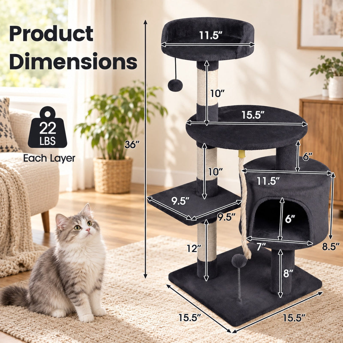 Airfind 36 Inch Tall Kitten Tower with Condo and Plush Perch, 22 lbs Capacity, Engineered Wood Sponge Plush Fabric Sisal Base Frame, Dark Gray