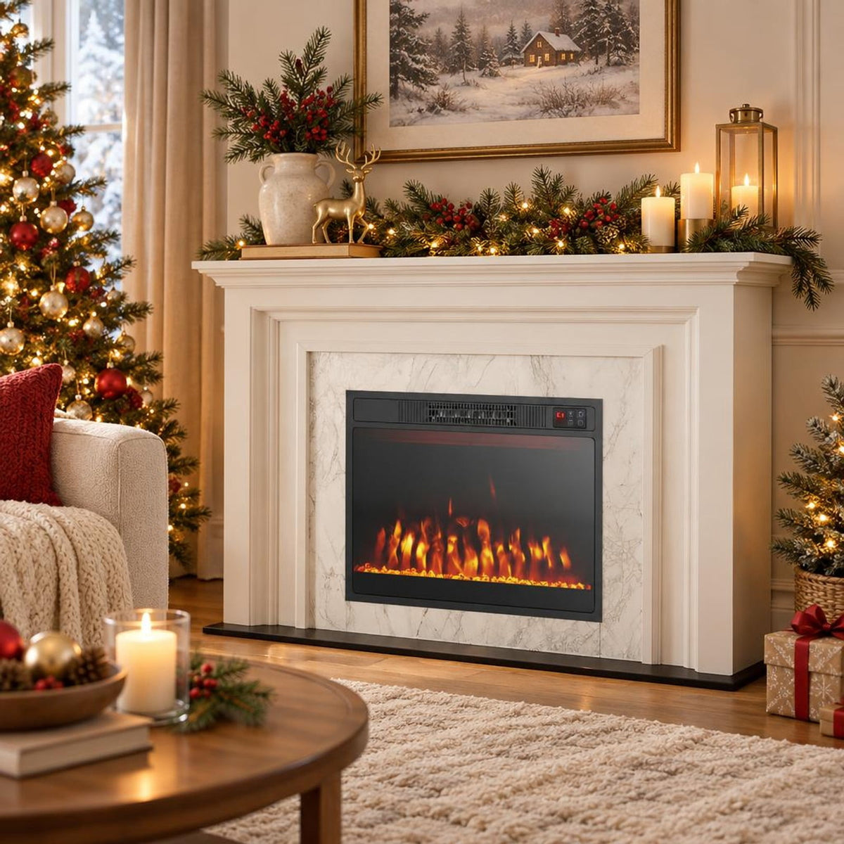 Airfind 23 Inches 750W/1500W Electric Fireplace Heater featuring Adjustable Flame Color and Brightness, Metal Tempered Glass Frame, Black