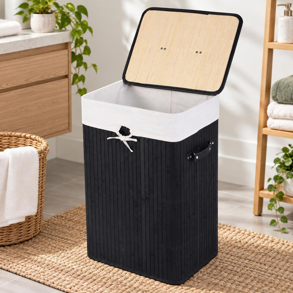 Airfind Rectangle Bamboo Hamper Laundry Basket Washing Cloth Bin Storage Bag Lid 3 color, Bamboo and polyester cotton Frame, Black