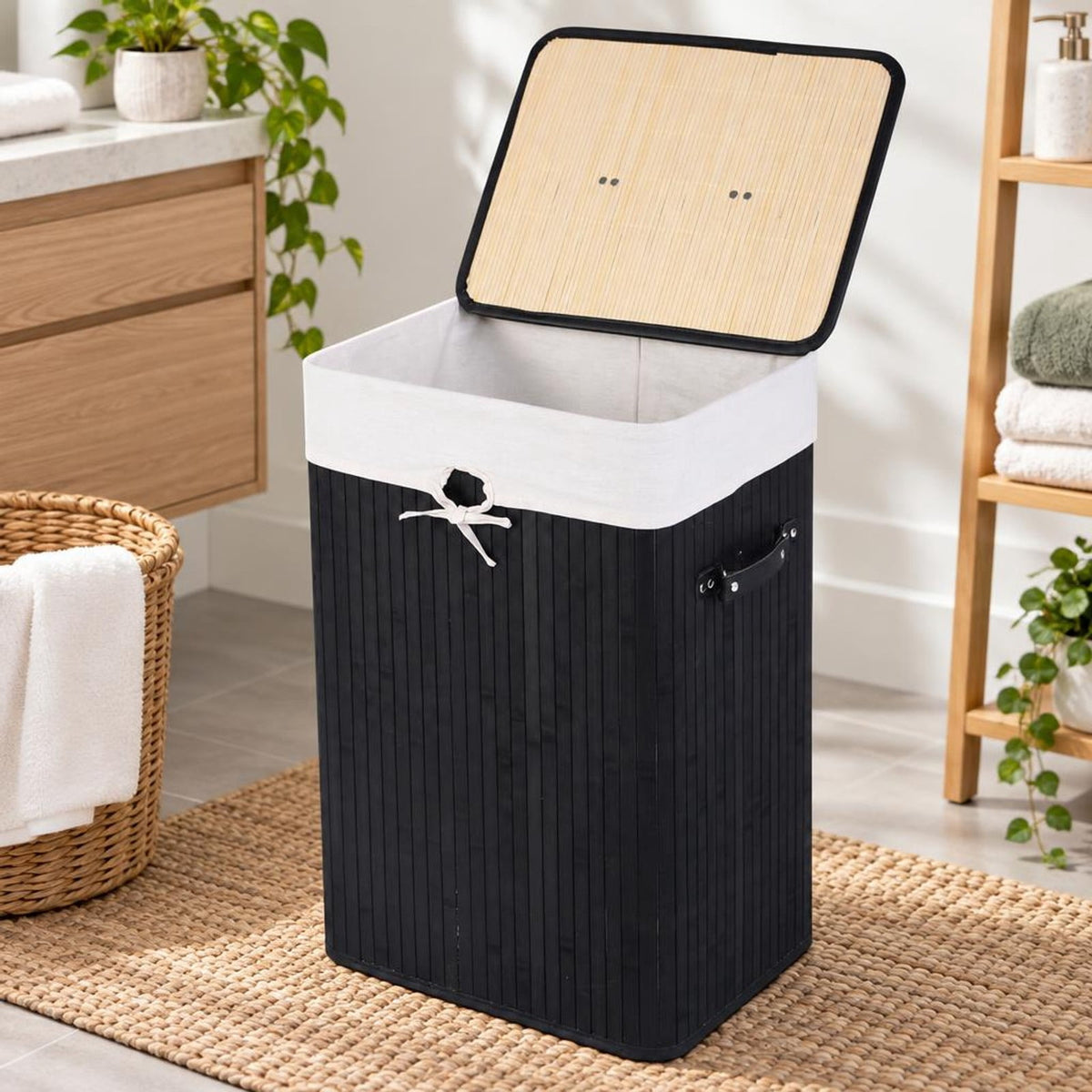 Airfind Rectangle Bamboo Hamper Laundry Basket Washing Cloth Bin Storage Bag Lid 3 color, Bamboo and polyester cotton Frame, Black