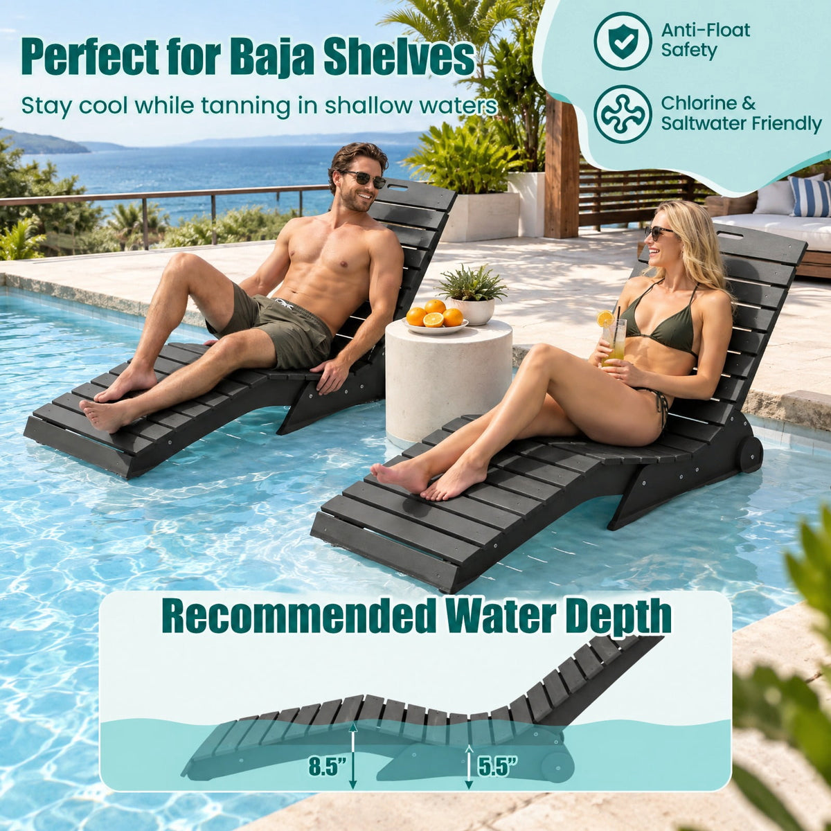 AIRFIND In-Pool Lounge Chair with Rear Wheels, HDPE Weighted Chaise for 5.5 to 8.5 in Water Depth, 450 lb Capacity, 64 in Long, Dark Gray