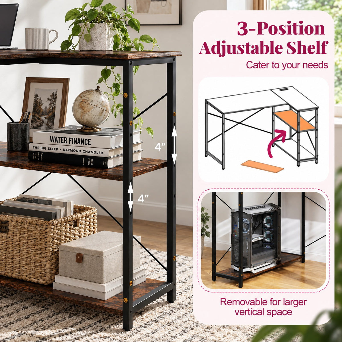 Airfind L-shaped 47 Inch Reversible Corner Desk with Adjustable Storage Shelves, 240 lbs Capacity, Engineered Wood Metal Frame, Brown