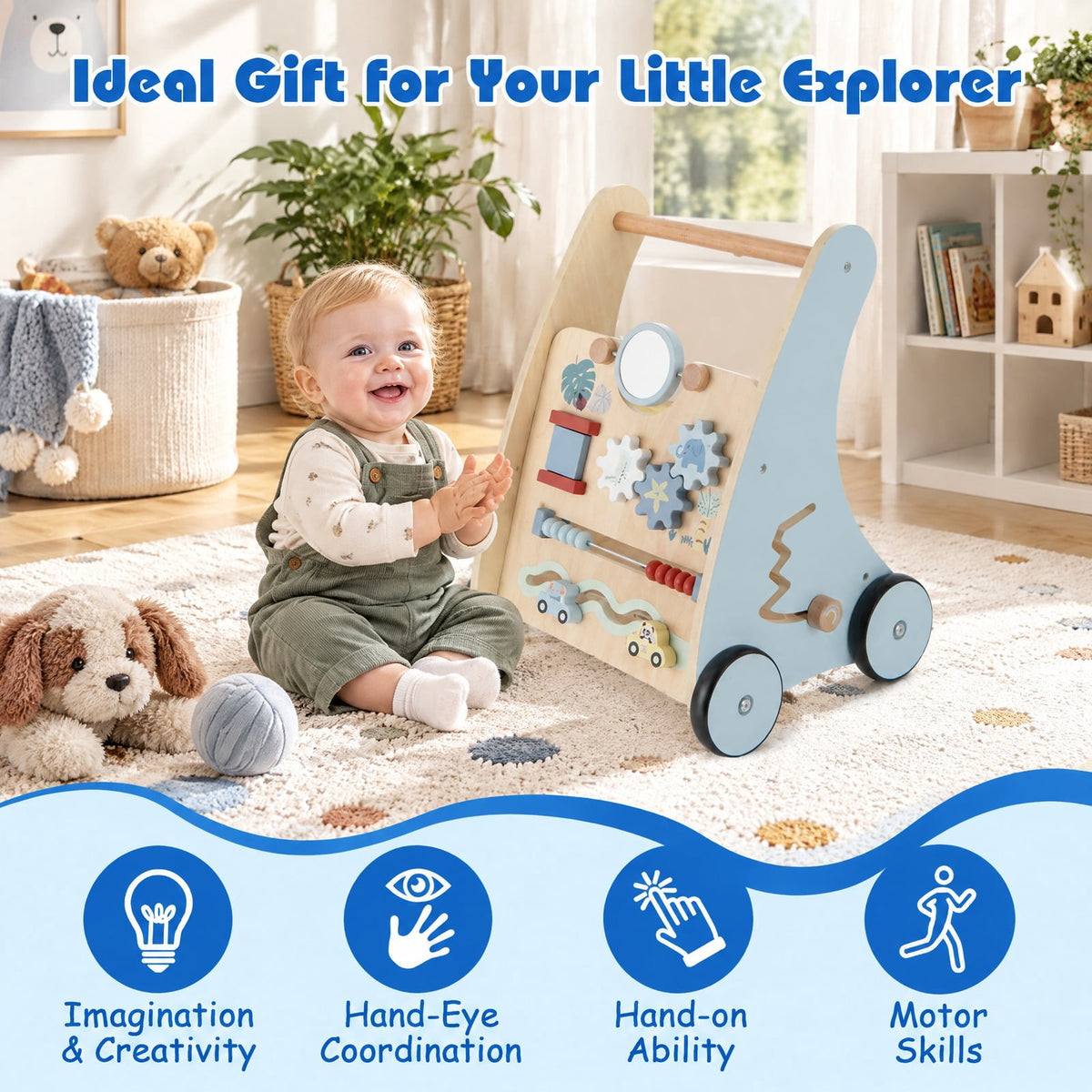 Airfind Wooden Baby Push and Pull Walker with Multi, Lotus Wood Engineered Wood Frame, for 3+ Years Old, 14in x 12in x 18in Footprint, Blue