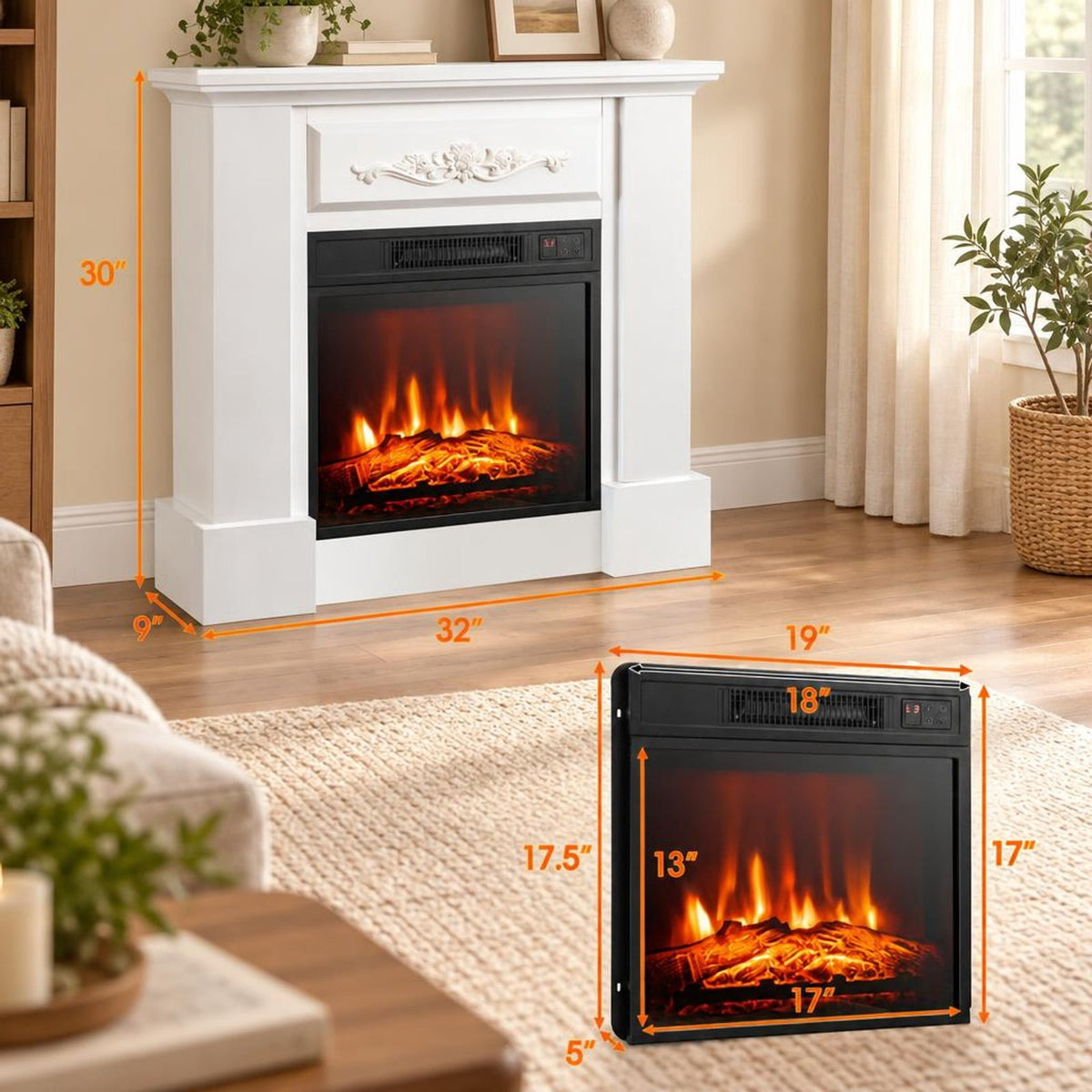 Airfind 1400W TV Stand Electric Fireplace Mantel with Remote Control, 22 lbs Capacity, MDF PB Steel plastic tempered glass Frame, White