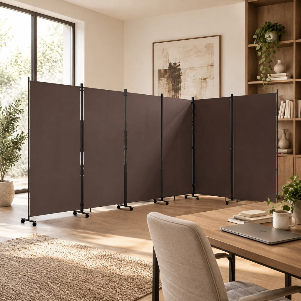 Airfind 6 Panel Folding Privacy Screen Room Divider with Wheels, Polyester Fabric Metal PP Frame, 205 x 12 x 71.5 Footprint, Coffee