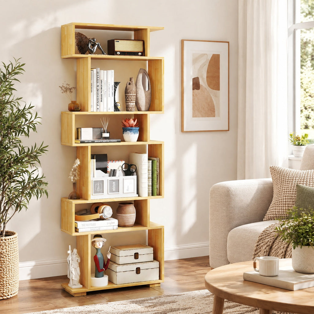 Airfind 6-Tier Geometric Bookshelf with 2 Anti-Tipping Kits for Home Office, 11 lbs Capacity, Engineered Wood Frame, 24 x 8 x 64 Footprint, Wood