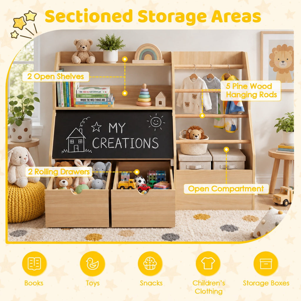 Airfind Kids Toy Storage Organizer with Flip-up Blackboard, Engineered Wood Pine Wood Frame, for 3+ Years Old, 41 Inch x 16 Inch x 28 Inch Footprint, Natural