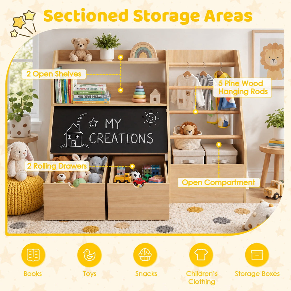 Airfind Kids Toy Storage Organizer with Flip-up Blackboard, Engineered Wood Pine Wood Frame, for 3+ Years Old, 41 Inch x 16 Inch x 28 Inch Footprint, Natural