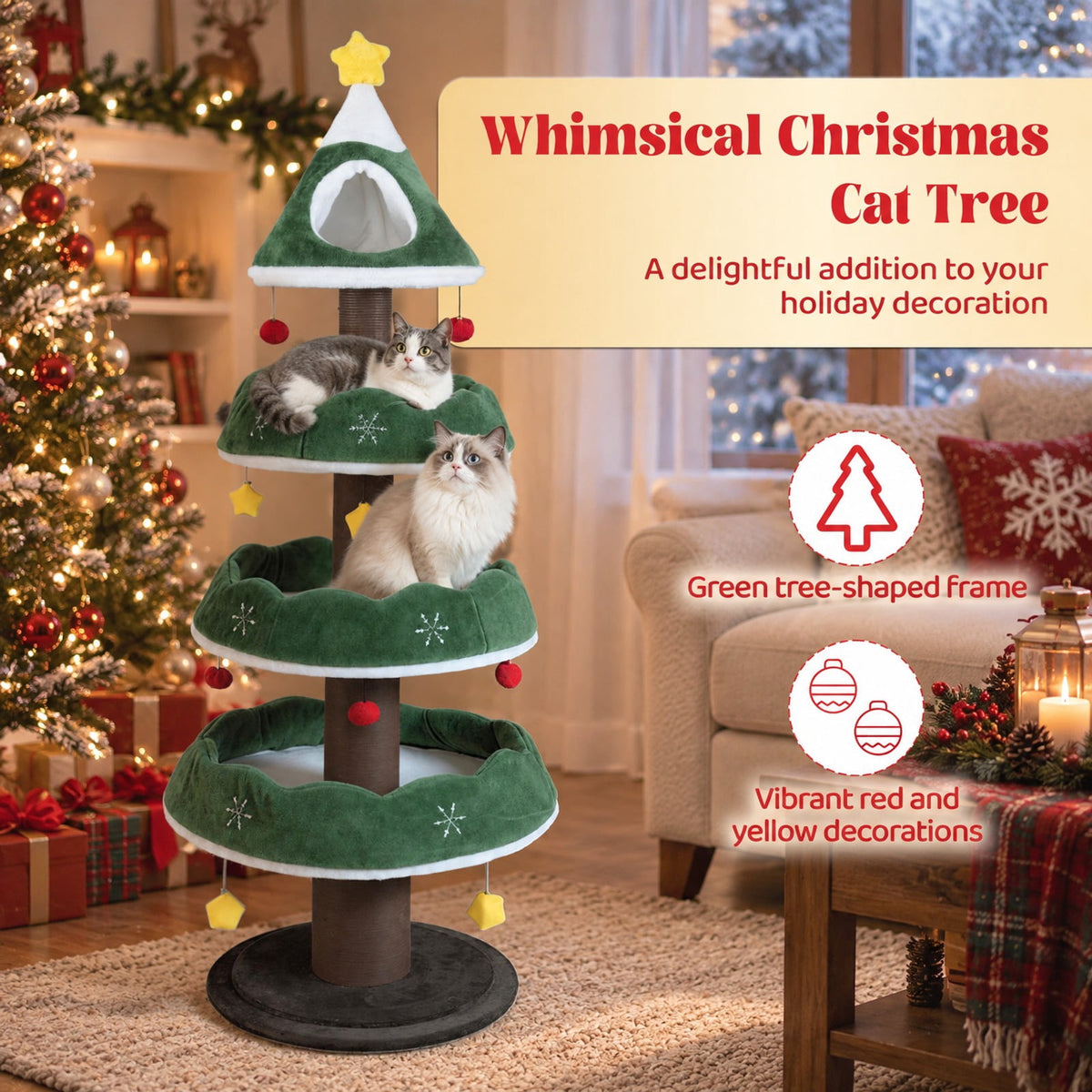 Airfind Multi-level Christmas Cat Tree with 3 Platforms and Upholstered Top Perch, 33 lbs Capacity, 27.5in x 70.5in Base Footprint, Multicolor