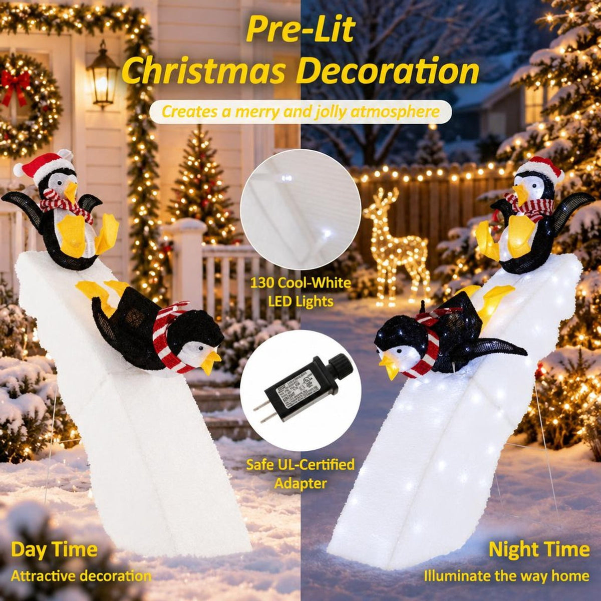 Airfind 4 Feet Christmas Penguin Ice Skating Decor with Snowy Slide, Tinsel Fabric Plush Fabric Metal Frame, Black+White+Yellow