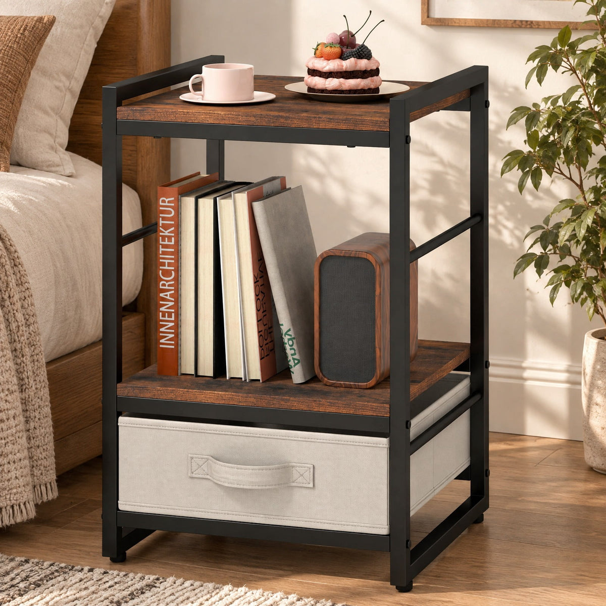 Airfind Nightstand Industrial Bedside Table with Open Storage Shelf and Fabric Drawer, 45 lbs Capacity, 16 x 16 x 24 Footprint, Brown