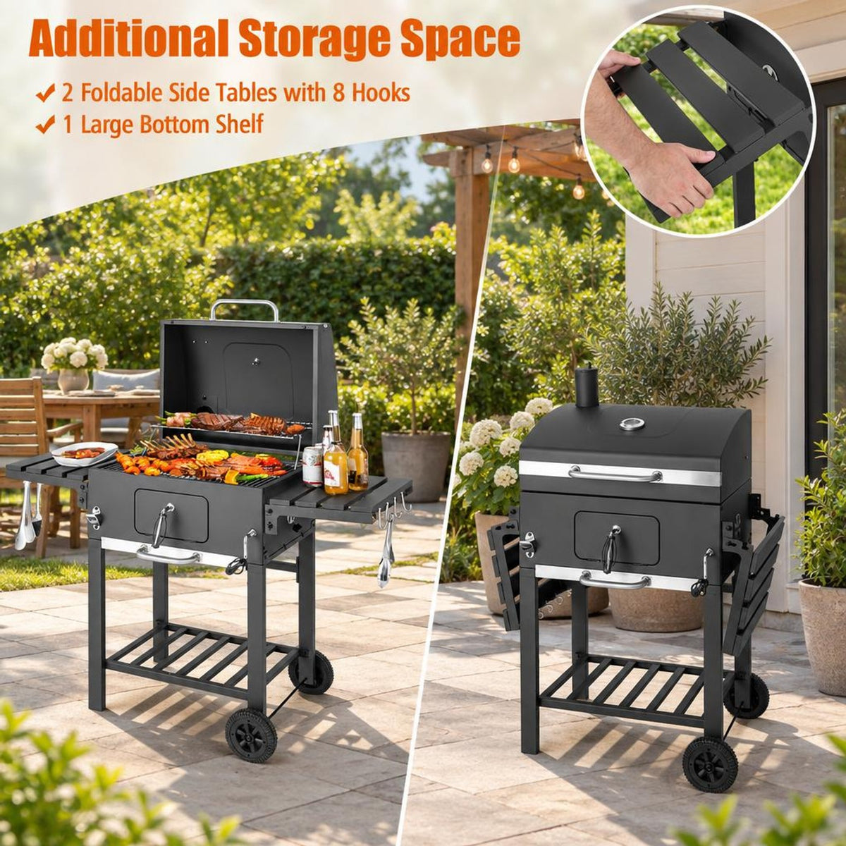 Airfind Outdoor BBQ Charcoal Grill with 2 Foldable Side Table and Wheels, Steel PP Frame, 50.5 Inch x 21 Inch x 46 Inch Footprint, Black