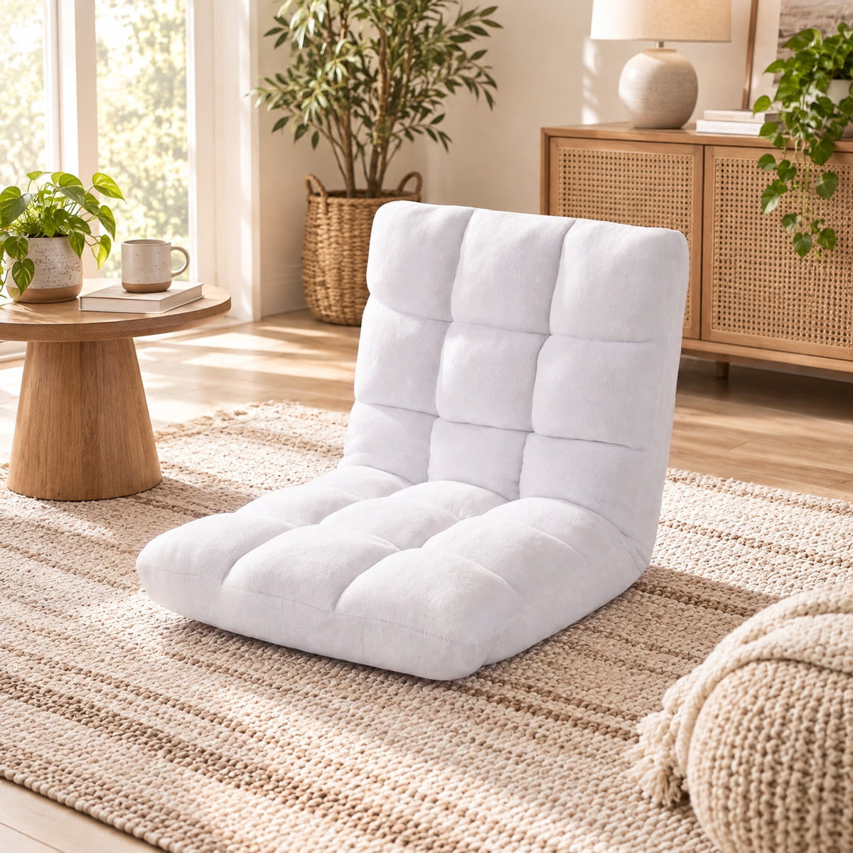 AIRFIND Floor Chair with 14-Position Adjustable Backrest, Padded Seat and Steel Frame, Lay-Flat Lounge Seat for Reading and Gaming, White