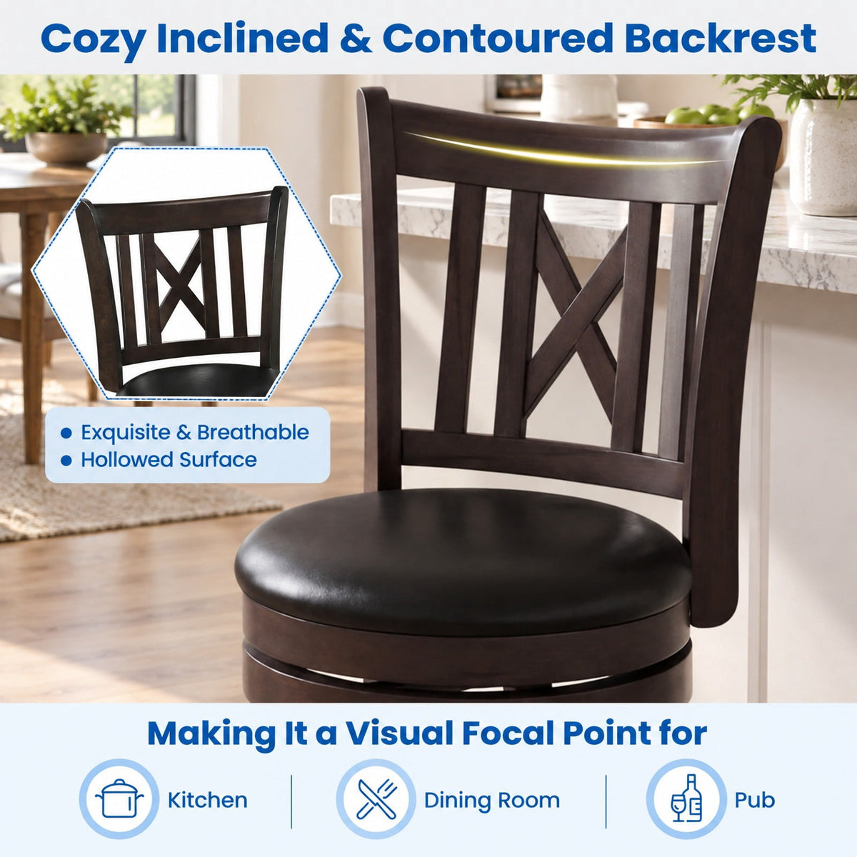 Airfind Set of 4 Bar Stools Swivel Bar Chairs with Hollowed Backrest and Footrest-30 inches, 275 lbs Capacity, 20 Inch x 18 Inch x 39.5 Inch Footprint