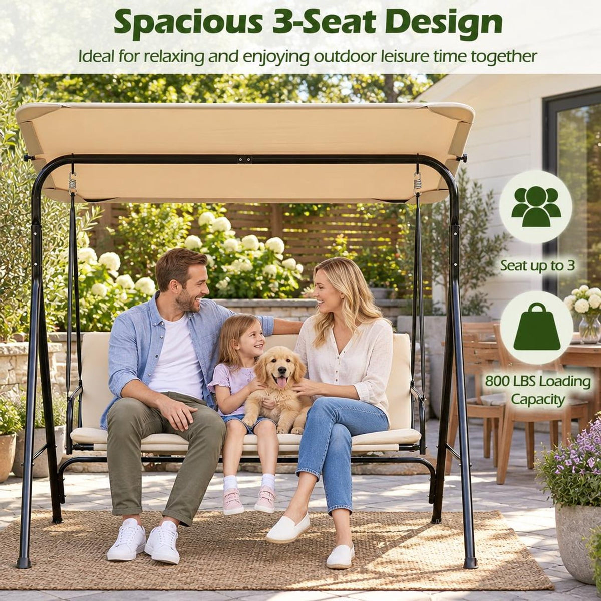 Airfind 3-Seat Patio Swing Chair with Adjustable Canopy and Removable Cushion, 800 lbs Capacity, Metal Polyester Fabric Sponge Mesh Fabric Frame