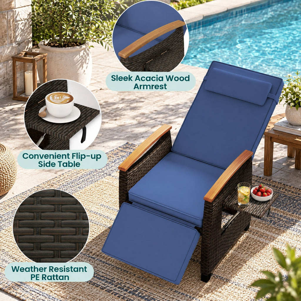 Airfind Patio Wicker Recliner Chair with Adjustable Backrest and Footrest, 400 lbs Capacity, PE Rattan Acacia Wood Polyester Sponge Metal Frame