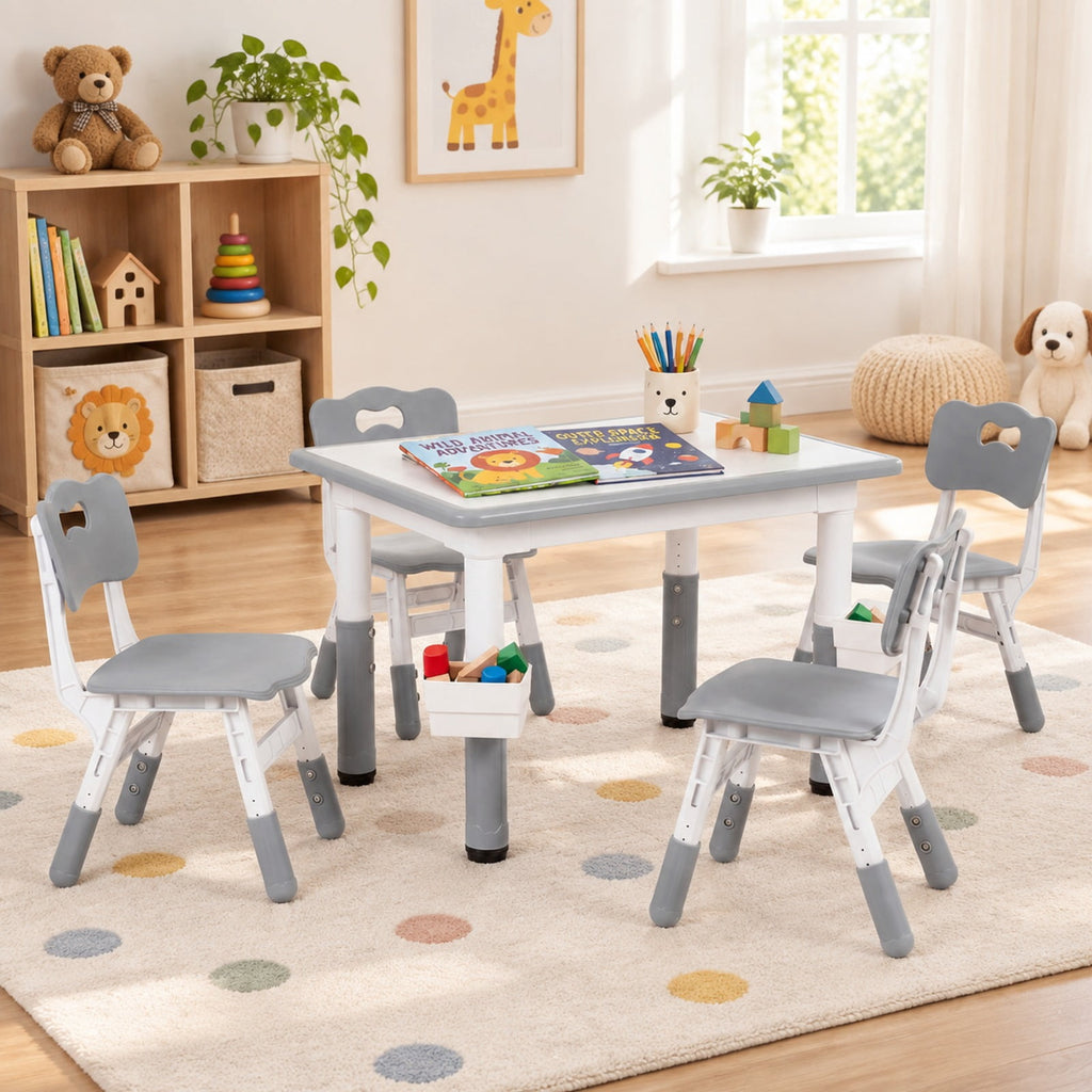 Airfind Height Adjustable Kids Table and 4 Chairs Set with Graffiti Desktop and 2 Storage Baskets, 220 lbs Capacity, Engineered Wood PP Frame, Gray