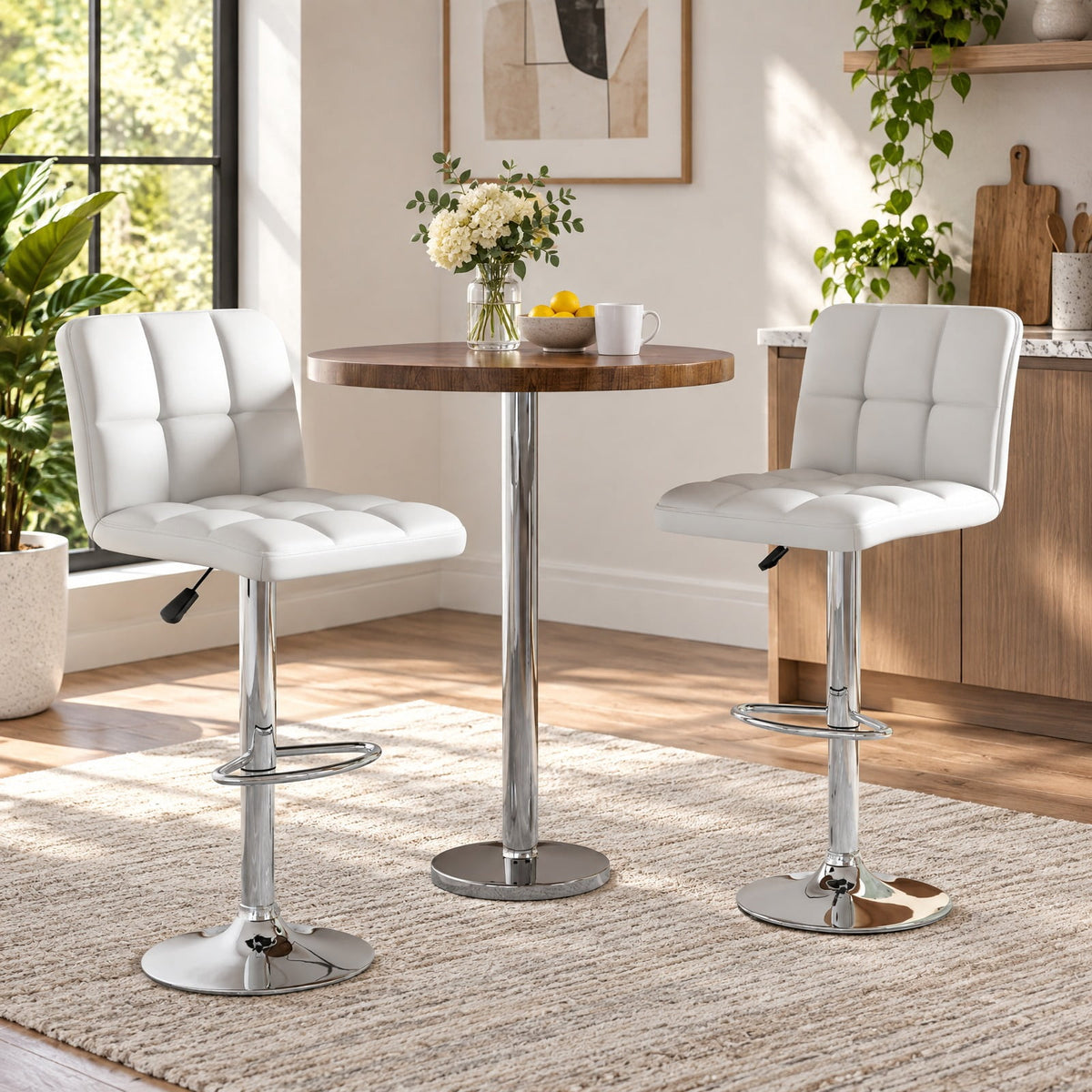Airfind Set of 2 Square Swivel Adjustable PU Leather Bar Stools with Back and Footrest, 250 lbs Capacity, PU leather steel sponge Frame, White