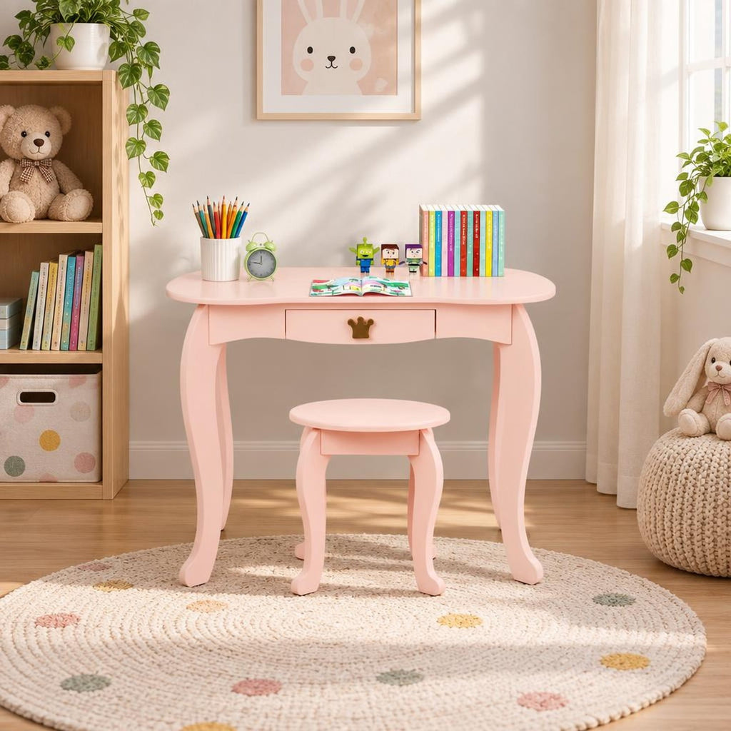 Airfind Kids Makeup Dressing Table with Tri-folding Mirror and Stool, 33 lbs Capacity, MDF pine Frame, 31.5in x 16.5in x 41.5in Footprint, Pink