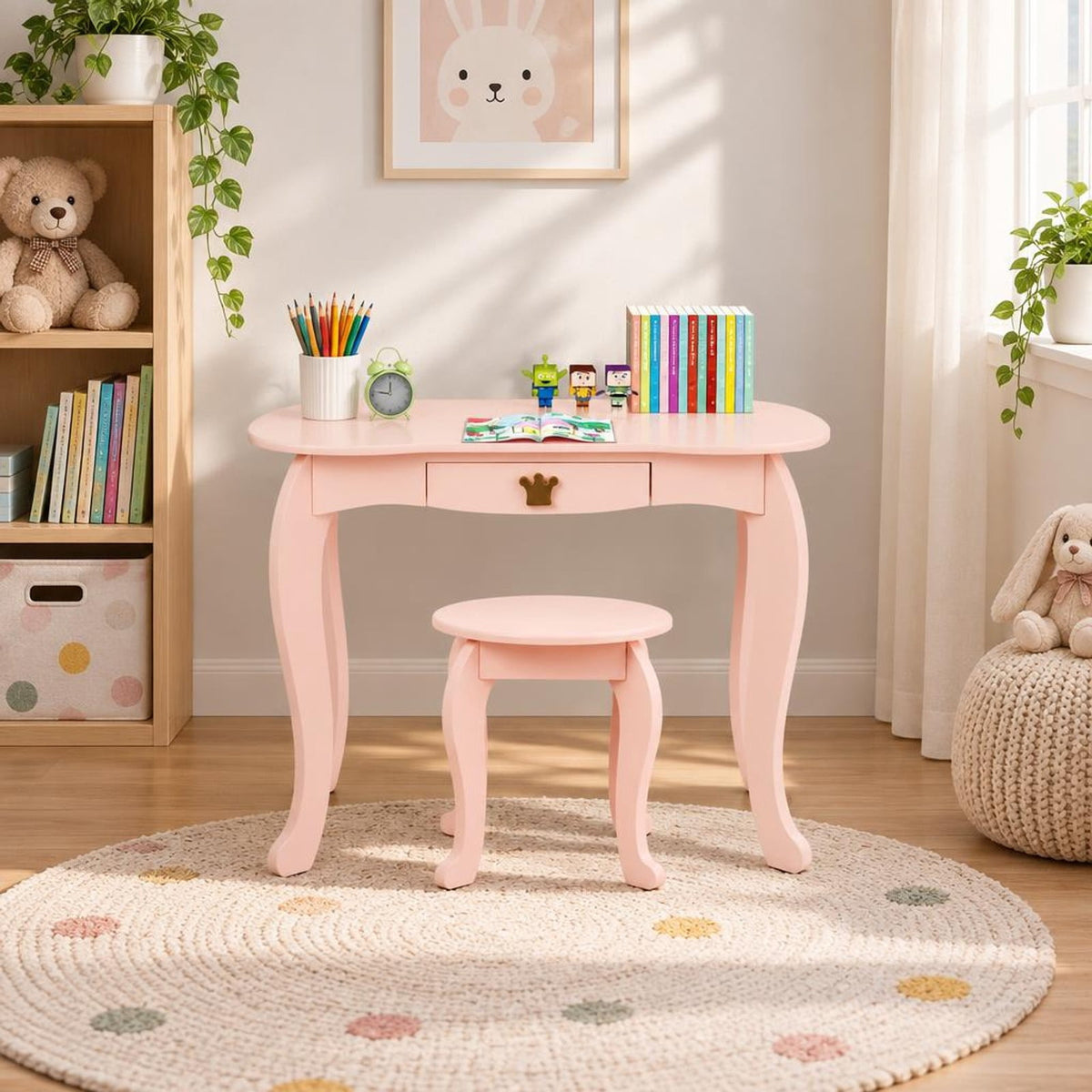 Airfind Kids Makeup Dressing Table with Tri-folding Mirror and Stool, 33 lbs Capacity, MDF pine Frame, 31.5in x 16.5in x 41.5in Footprint, Pink