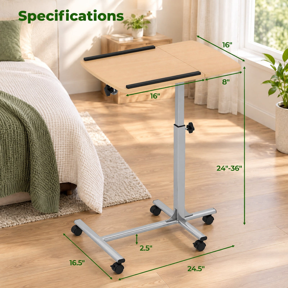 Airfind Adjustable Angle Height Rolling Laptop Table, Steel (frame) Frame, 23.5 x 16 x 24.5-36 (L x W x Adjustable H) Steel tube Footprint