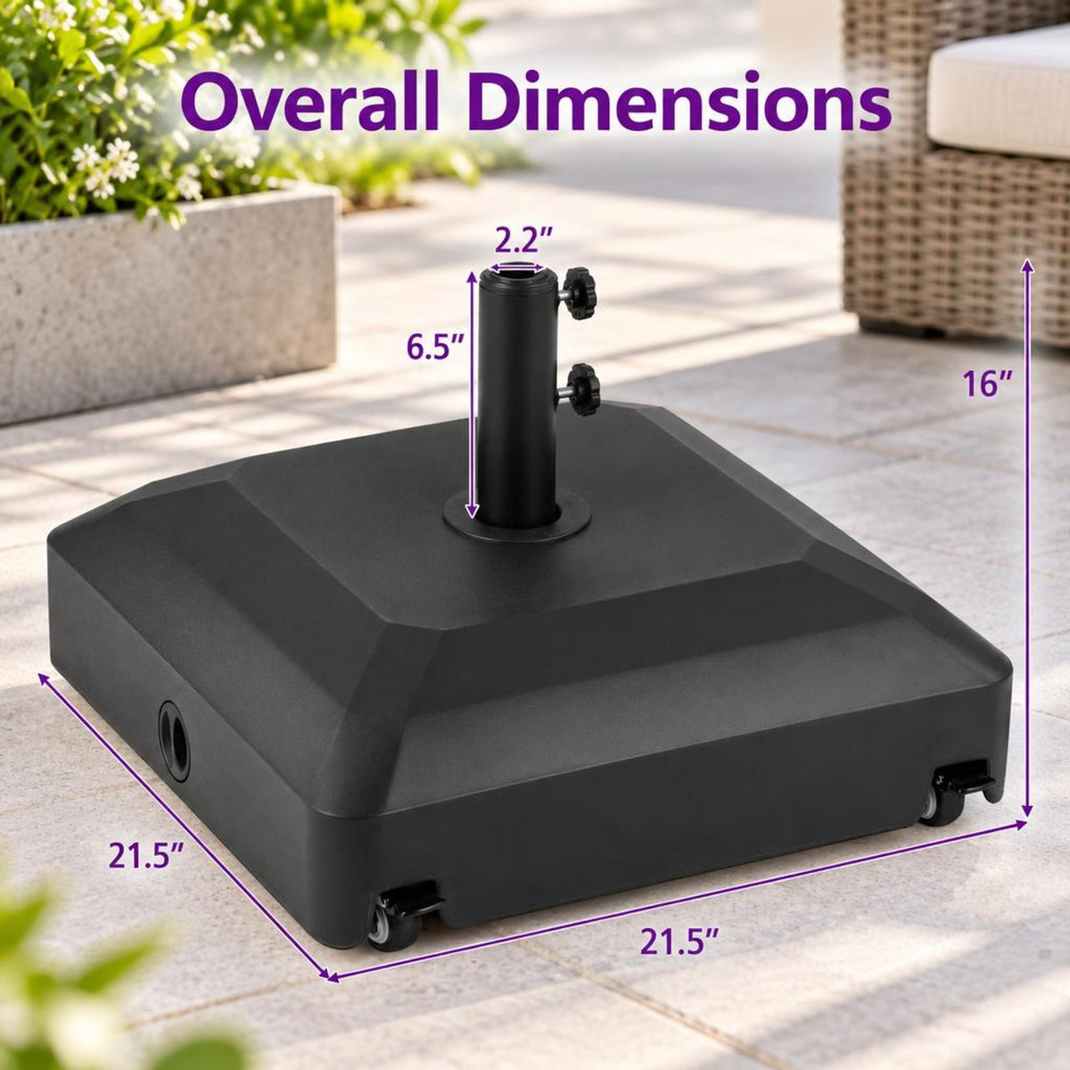 Airfind Outdoor Fillable Umbrella Base with Wheels Water Sand Weighted Umbrella Stand, PP Metal PVC Frame, 21.5 Inch x 21.5 Inch x 16 Inch Footprint, Black