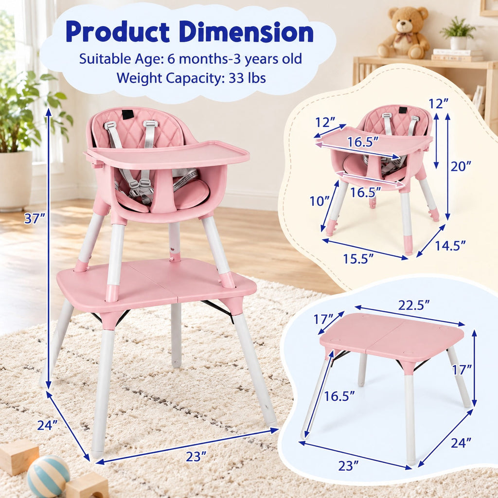 Airfind 4-in-1 Baby Convertible Toddler Table Chair Set with PU Cushion, 33 lbs Capacity, PU PP metal Frame, for 6-36 months, Pink