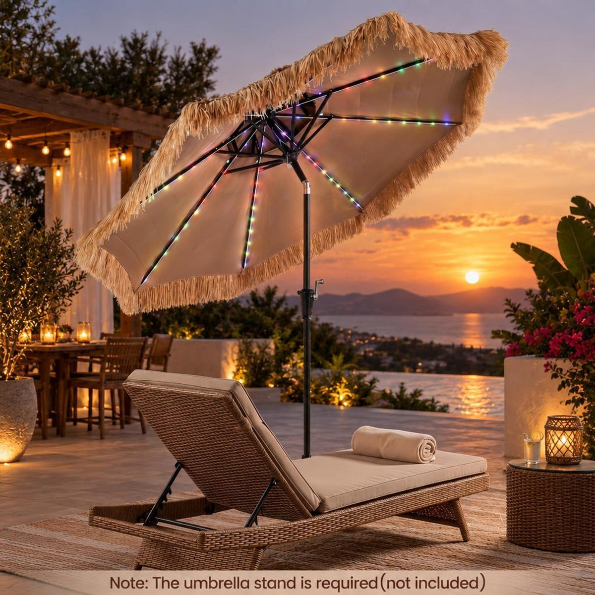 Airfind 9 FT Solar Thatched Tiki Umbrella with 96 Multi-colored Flowing Lights and 12 Modes, PE Thatch Polyester Fabric Metal Frame, Beige