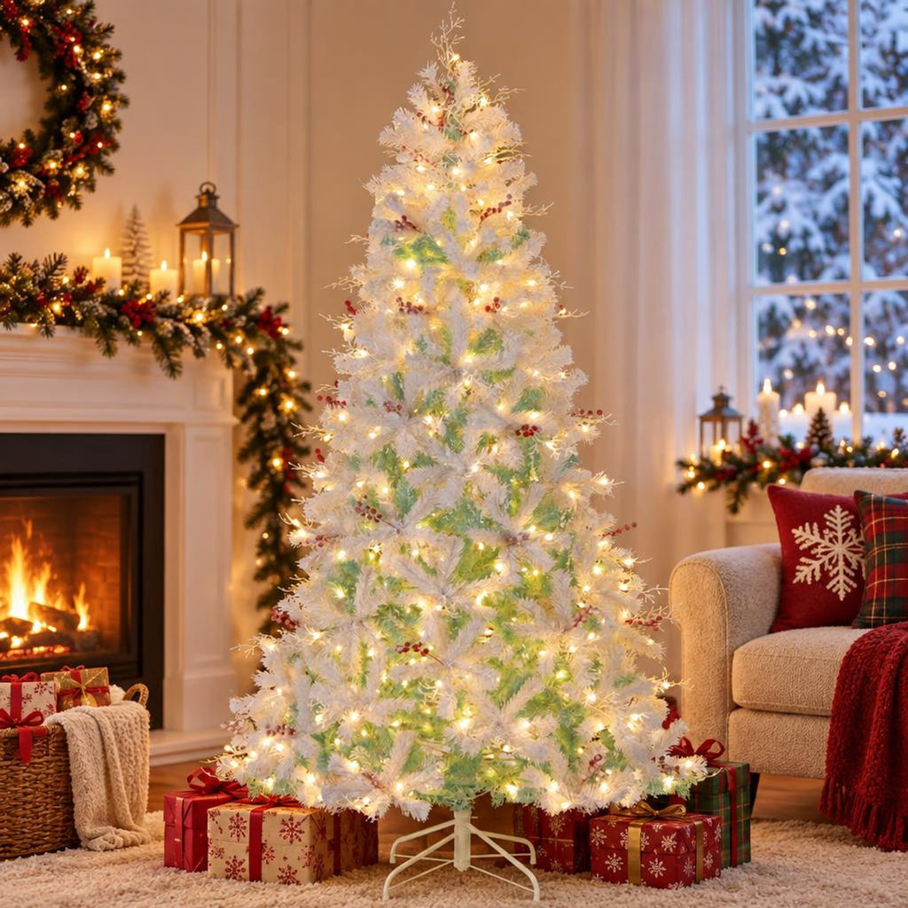 Airfind Pre-Lit Artificial Christmas Tree with Snow Flocked Branch Tips, PVC PE Metal Frame, 3.8 x 6 ft Footprint, White+Lake Blue