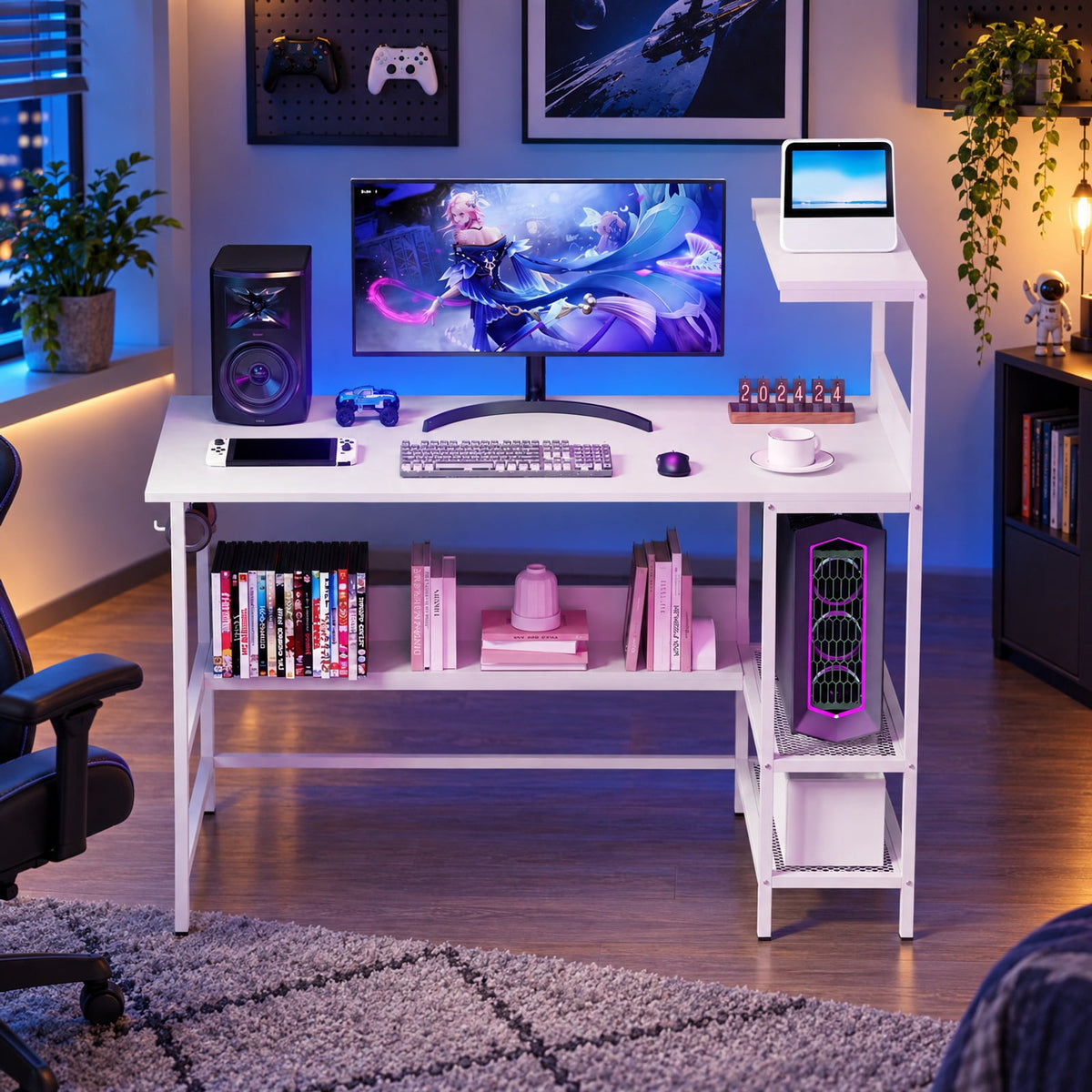 Airfind 48 Inch Computer Desk with Power Outlets and Storage Shelves, 88 lbs Capacity, Engineered Wood Metal Frame, 48 Inch x 23 Inch x 43.5 Inch Footprint