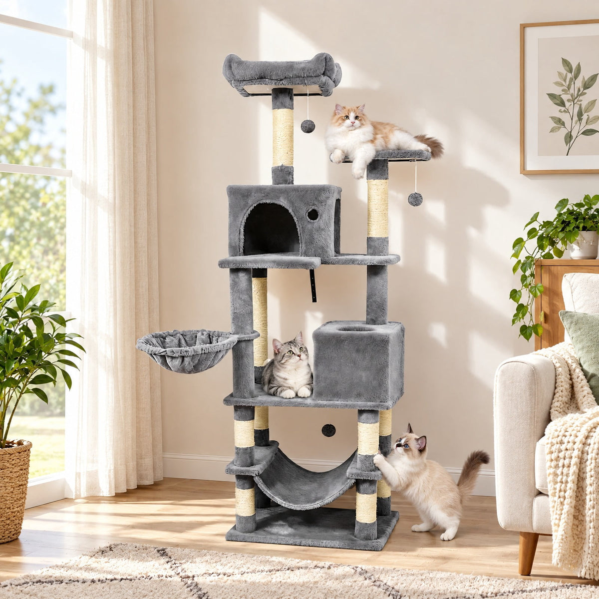 Airfind 66 Inch Tall Cat Tree Multi-Level Cat Tower with 2 Condos Sisal Scratching Posts, 33 lbs Capacity, Light Gray