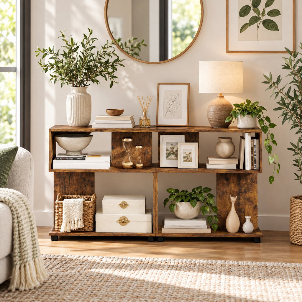 Airfind 3-Tier Modern S-shaped Bookshelf with Adjustable Feet, 135 lbs Capacity, Engineered Wood Frame, Brown