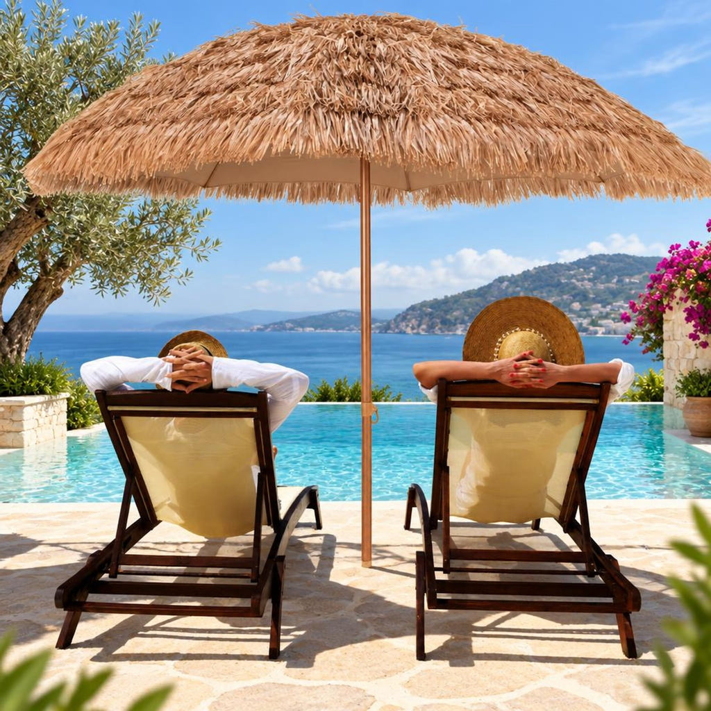 Airfind 8 Feet Patio Thatched Tiki Umbrella Hawaiian Hula Beach Umbrella, Thatch steel Frame, 8 ft x 7.3 ft Footprint, Natural