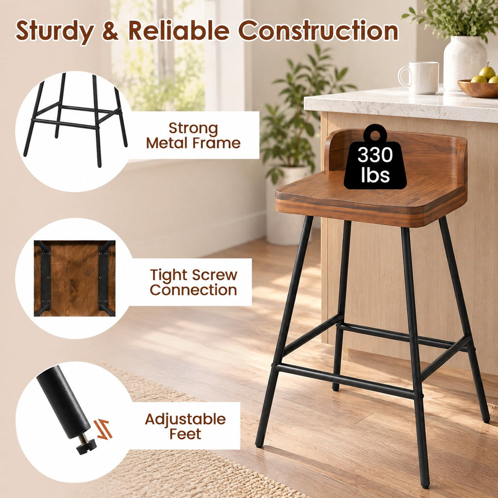 Airfind 24 Inch Industrial Rubber Wood Bar Stool with Low Back Metal Legs and Footrest, 330 Lbs Capacity, Rubber Wood Metal, Brown