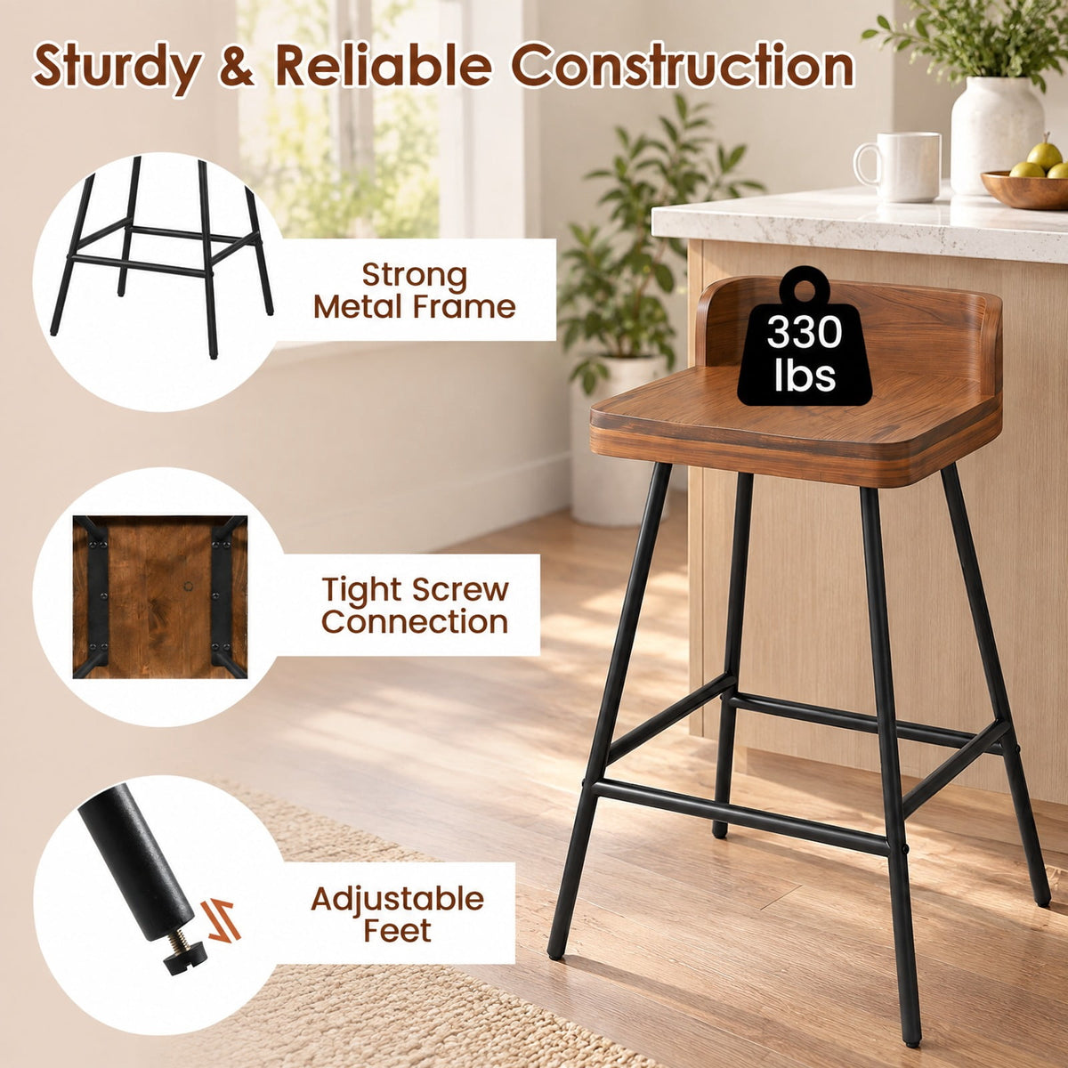 Airfind 24 Inch Industrial Rubber Wood Bar Stool with Low Back Metal Legs and Footrest, 330 Lbs Capacity, Rubber Wood Metal, Brown