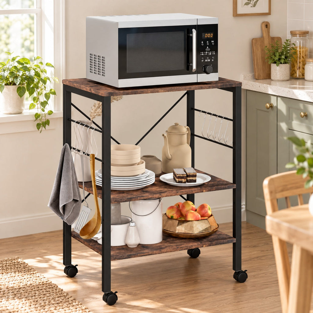 Airfind 3-Tier Kitchen Bakers Rack Microwave Oven Storage Cart with Hooks, 44 lbs Weight capacity of each shelf: 22 lbs Capacity, Iron Frame, Brown