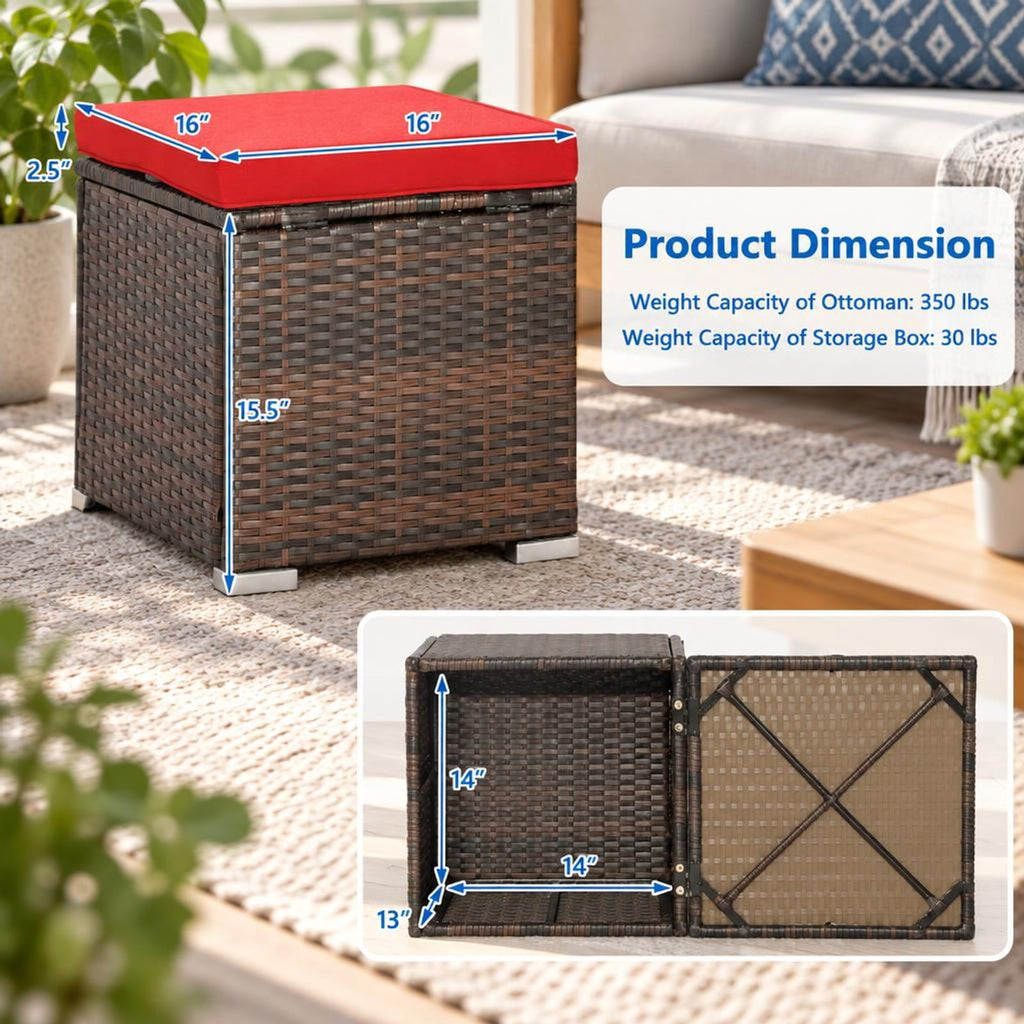 Airfind 2 Pieces Patio Ottoman with Removable Cushions, 350 lbs Capacity, Metal PE Rattan Sponge Polyester Frame, 16 x 16 x 15.5 Footprint, Red