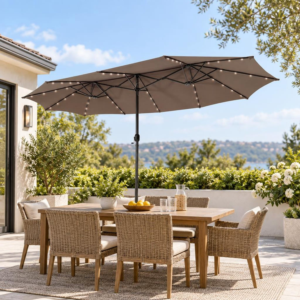 Airfind 15 Feet Twin Patio Umbrella with 48 Solar LED Lights, Steel polyester fabric Frame, 15.4 x 9.2 x 8 (L x W x H) Pole Footprint, Brown