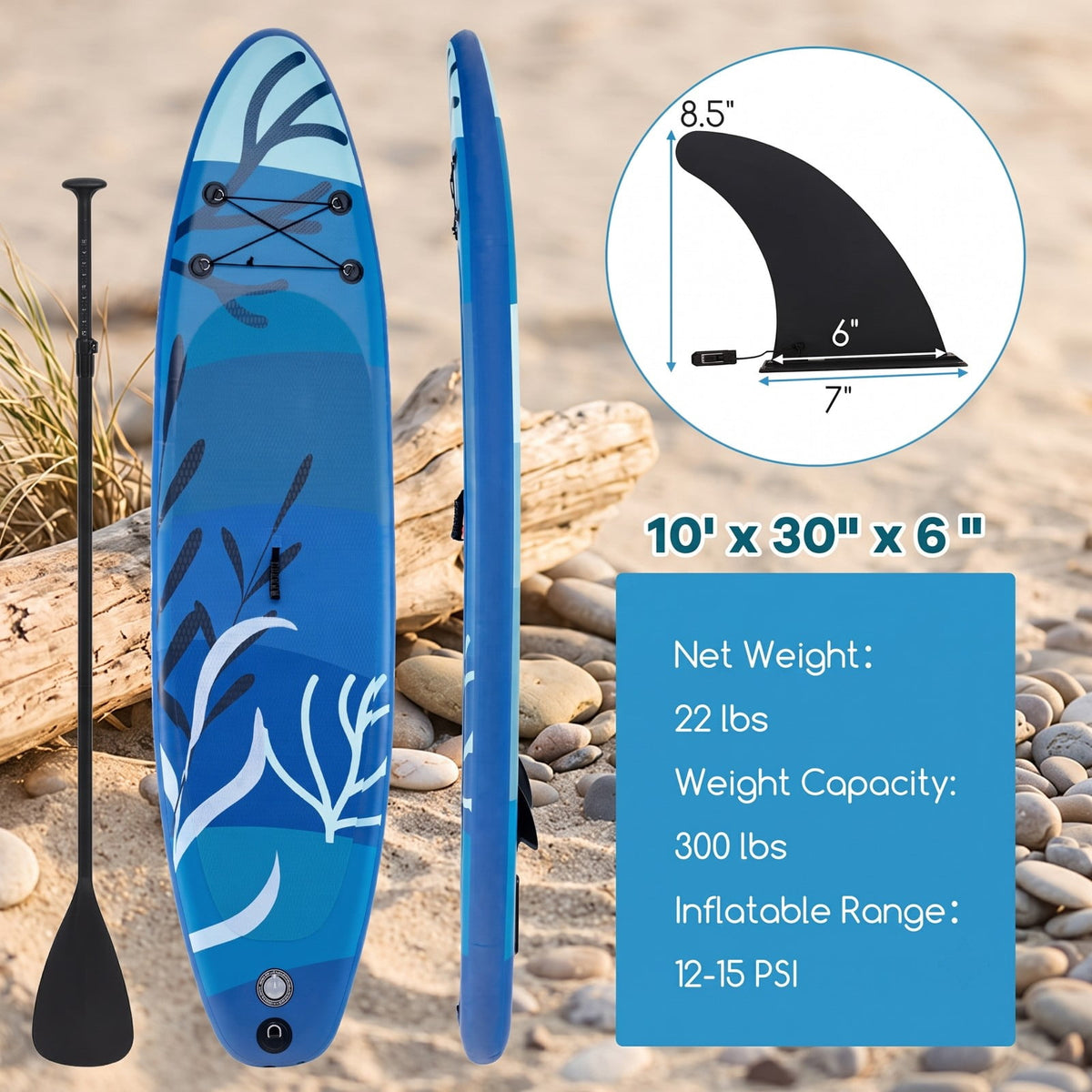 Airfind Inflatable Stand Up Paddle Board with Triple Fins Backpack and Aluminum Hand Pump for Adults and Beginners, Blue
