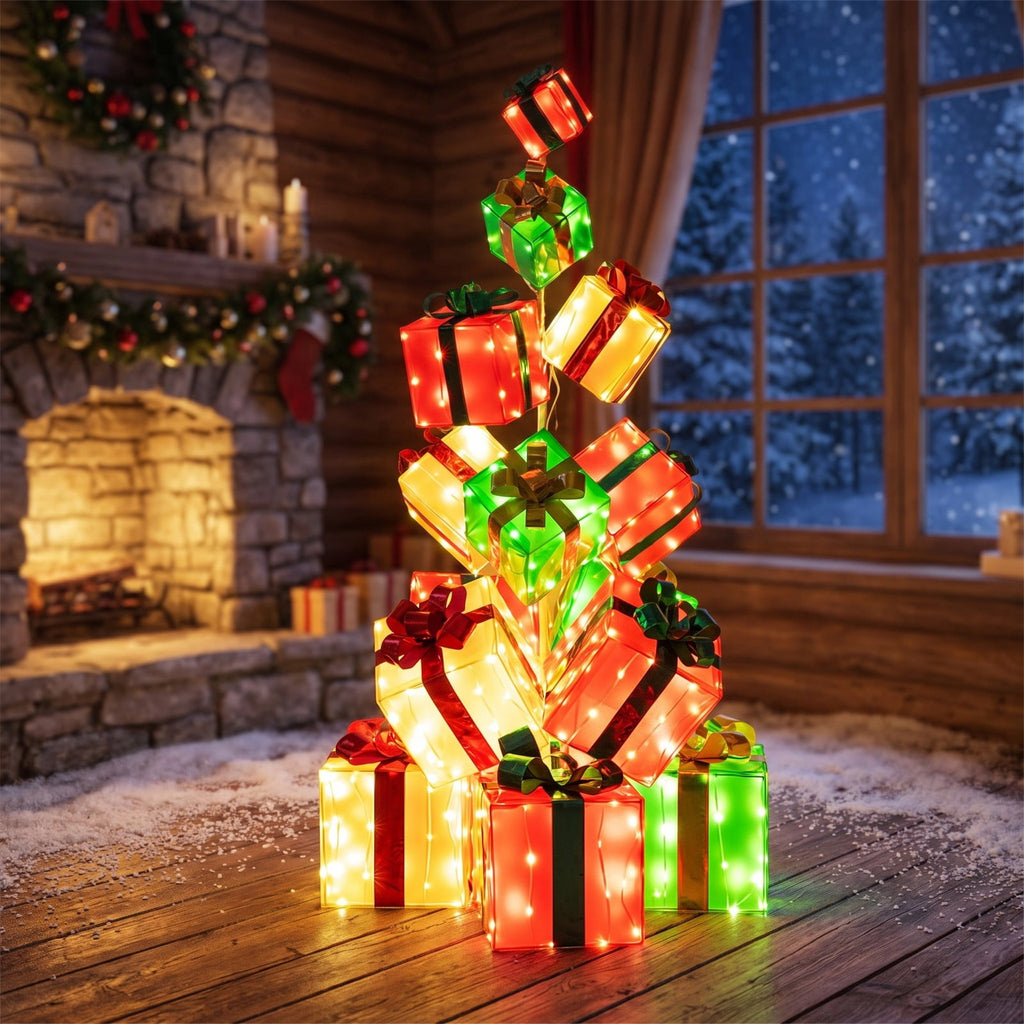Airfind 15 PCS Lighted Christmas Boxes with Bowknot and 483 LED Light Bulbs for Indoor Outdoor, PVC Fabric Metal Frame, Red + Green + Gold