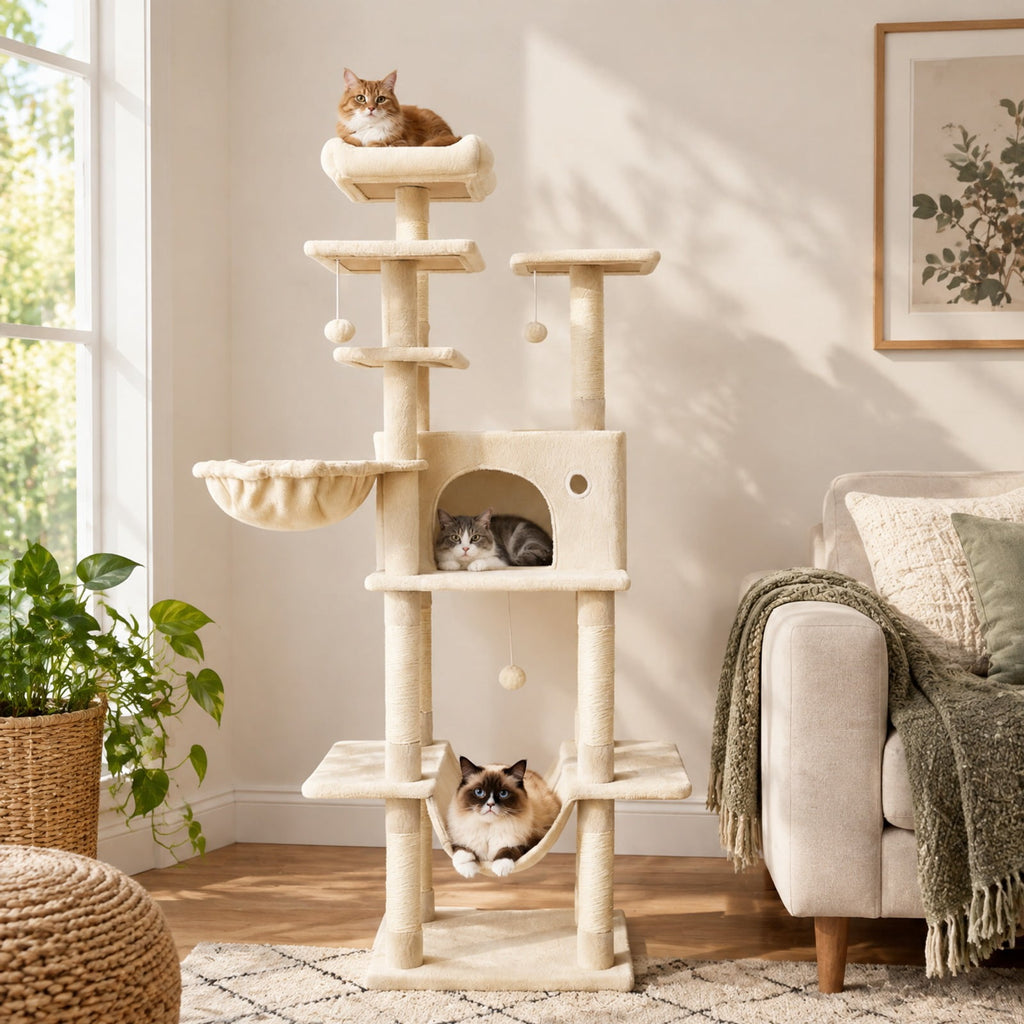 Airfind Large Cat Tree for Indoor Cats 63 Inch Tall Cat Tower, Plush Fabric Sisal Engineered Wood Base Frame, Beige