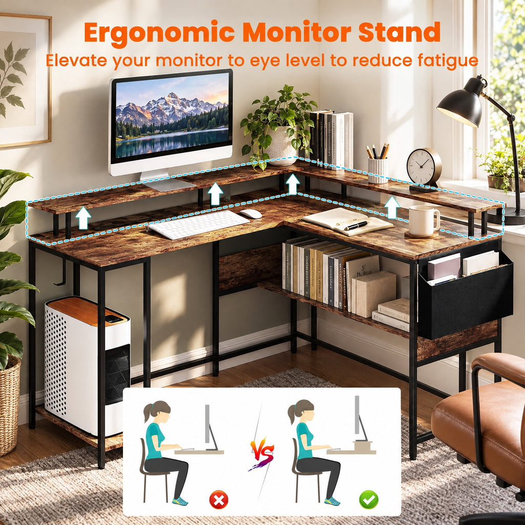 Airfind L-Shaped Gaming Desk with LED Lights and Power Outlets Home Office Computer Desk, 200 lbs Capacity, Engineered Wood Metal Frame, Brown