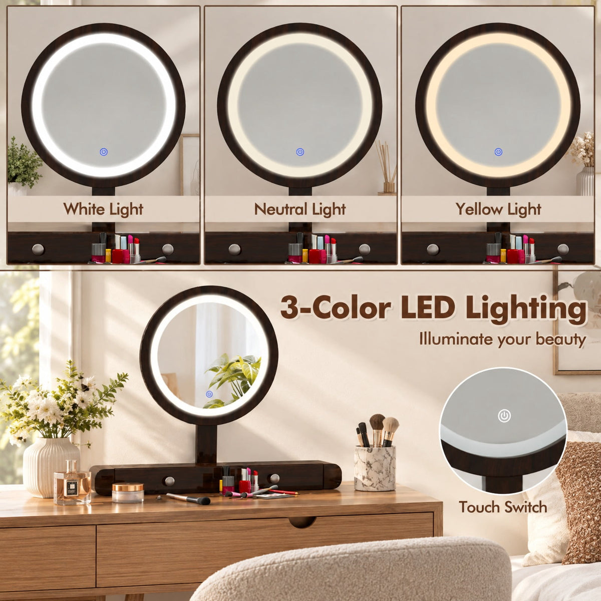 Airfind Dressing Vanity Table Set with LED Mirror and 4 Drawers, 170 lbs Capacity, MDF Frame, 47 Inch x 16.5 Inch x 56 Inch Footprint, White