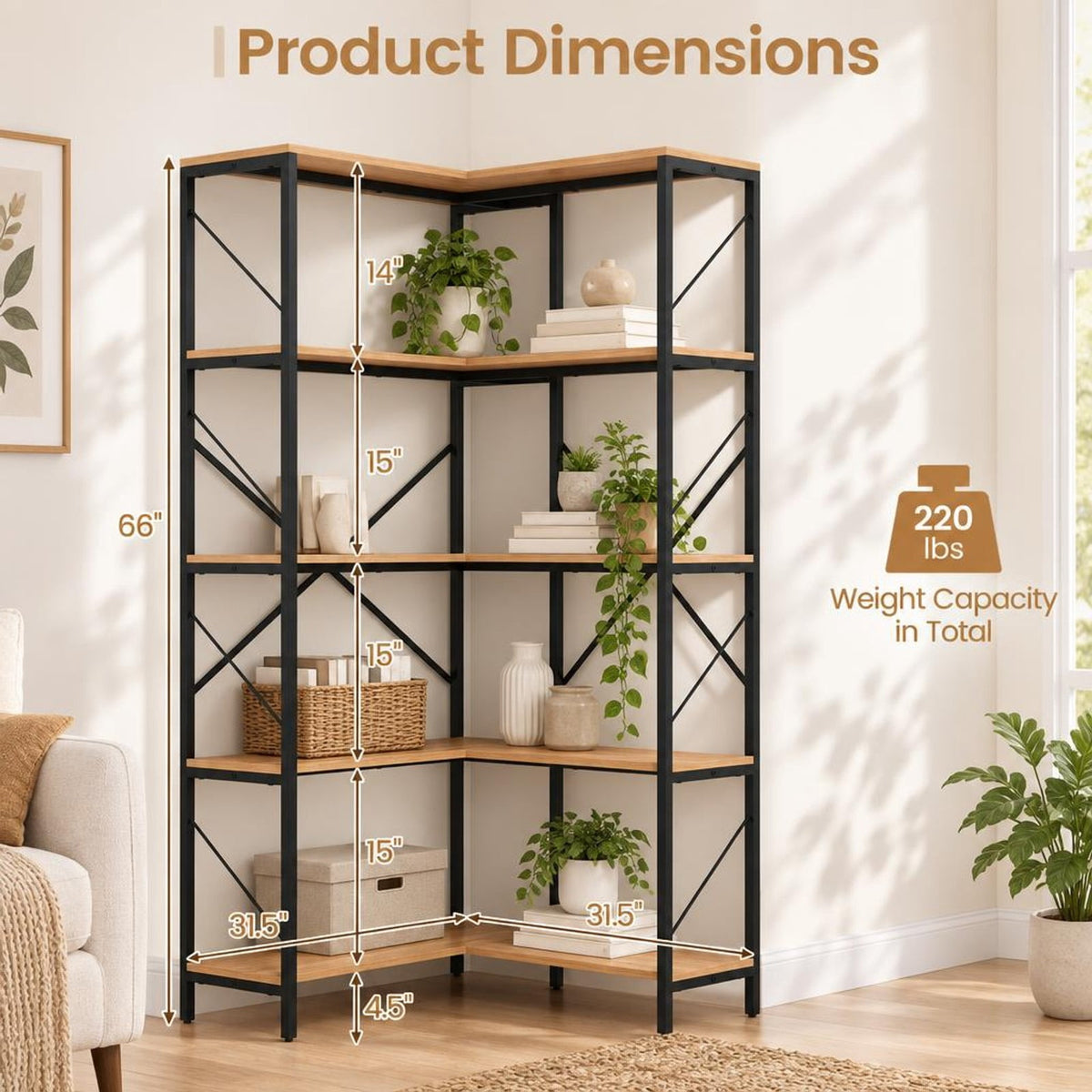 Airfind 66 Tall 5-Tier L-Shaped Bookcase with Metal Frame for Living Room, 44 lbs Capacity, Metal Frame, 31.5 x 31.5 x 66 Footprint, Brown