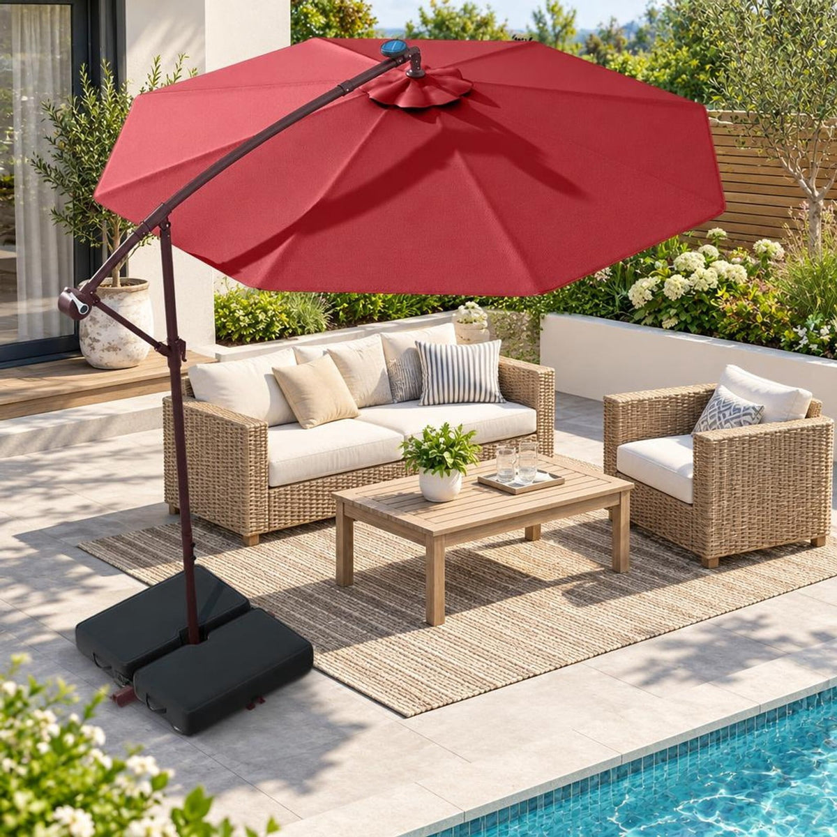 Airfind 10 Ft Patio Umbrella Offset Cantilever Umbrella with 40 Solar Powered Lights, Polyester Fabric Metal Oxford Fabric Frame, Red