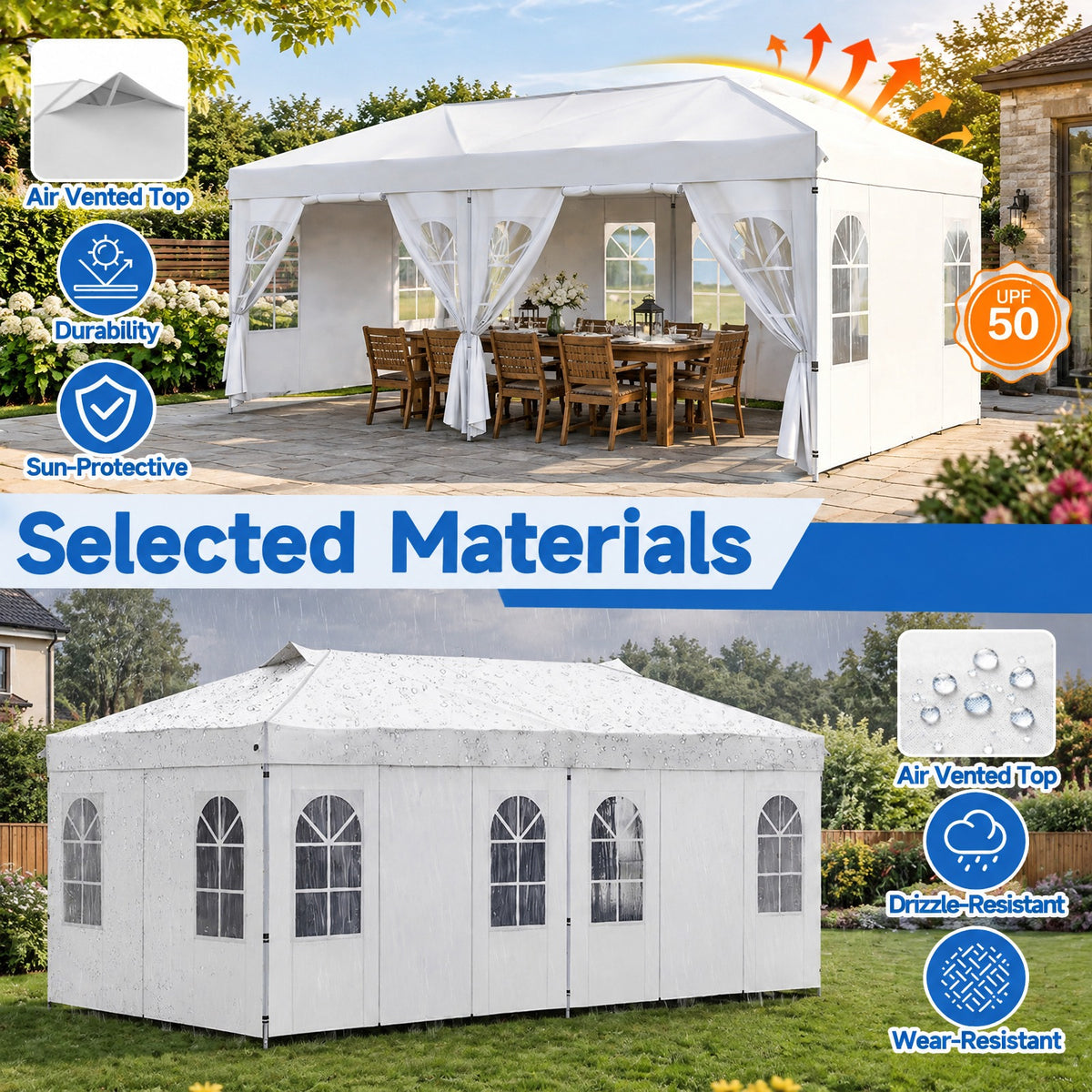 Airfind 10 x 20 FT Pop Up Canopy Tent with 6 Sidewalls and Adjustable Height, PE Metal Fabric Frame, 20 x 10 x 8.5/8.2/7.9 ft Footprint, White