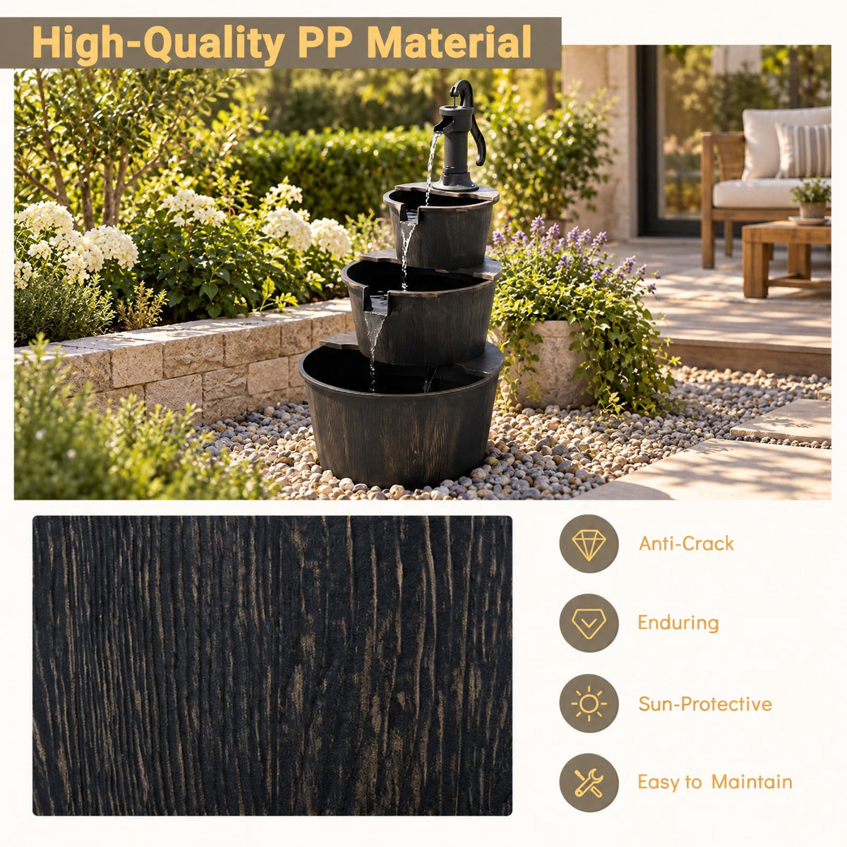 Airfind 3-Tier Outdoor Barrel Waterfall Fountain with Electric Pump, PP Metal Frame, 24 x 21 x 37 Footprint, Bronze Black
